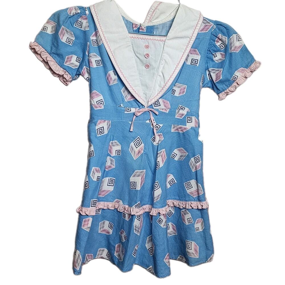 Vtg Geometric pattern Prairie Dress Girls Size 8 Cottagecore Lace Ruffle